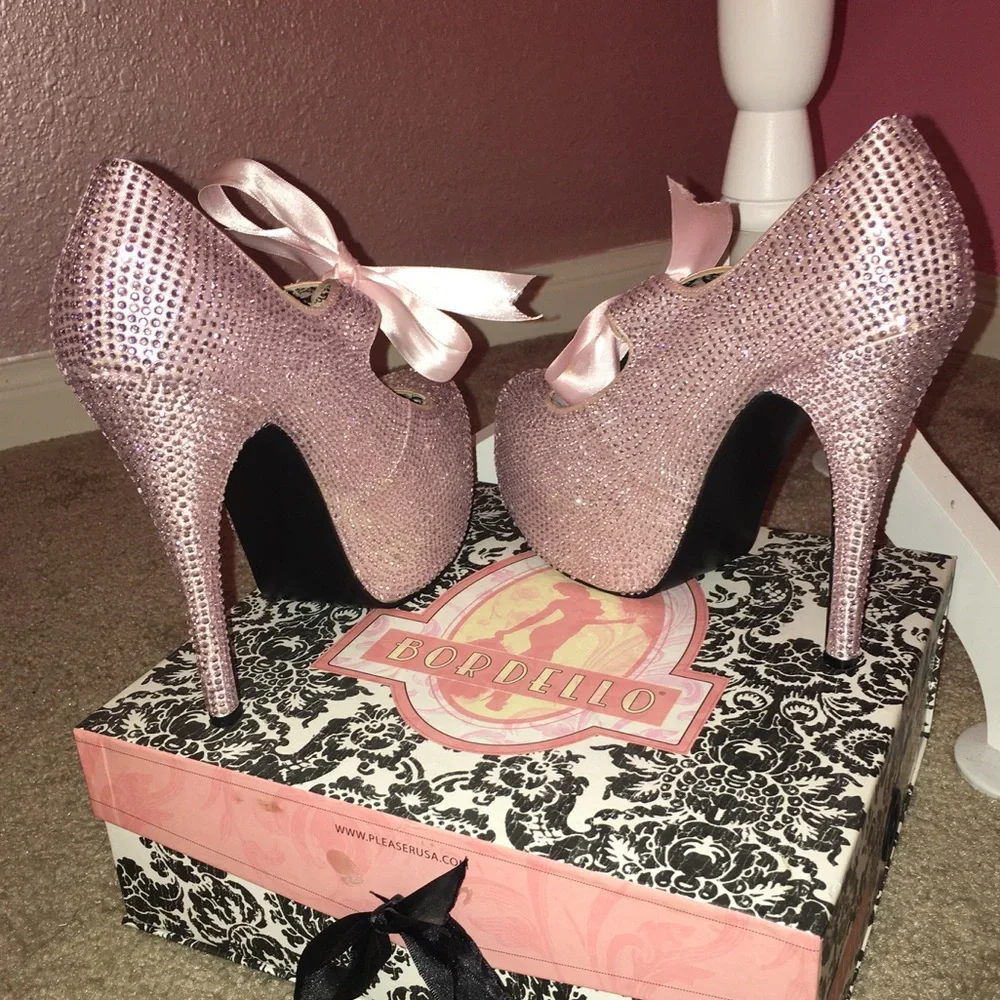 COPY - Bordello BabyPink Platform Rhinestone Ribbon Pumps - Picture 5 of 7